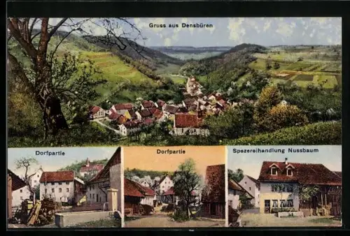 AK Densbüren, Spezereihandlung Nussbaum, Ortspartie und Panorama