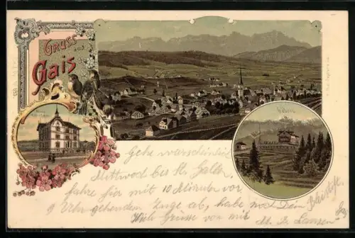 Lithographie Gais, Neues Schulhaus, Gäbris und Totalansicht