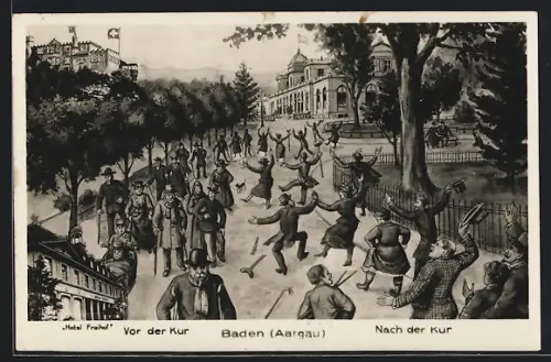 Künstler-AK Baden /Aargau, Vor der Kur und nach der Kur, tanzende Kurgäste im Park