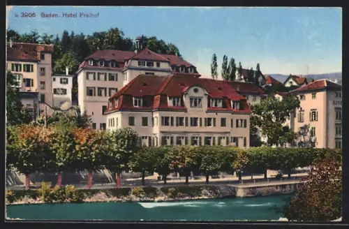 AK Baden, Hotel Freihof vom Wasser aus