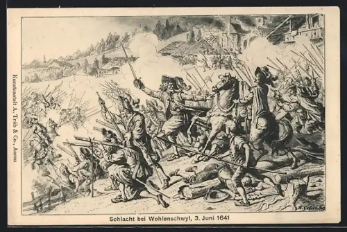 Künstler-AK Wohlenschwil, Historische Ansicht der Schlacht am 3. Juni 1641