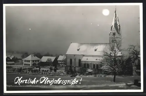 AK Wohlenschwil, Blick auf die verschneite Kirche mit Mond, Neujahrskarte