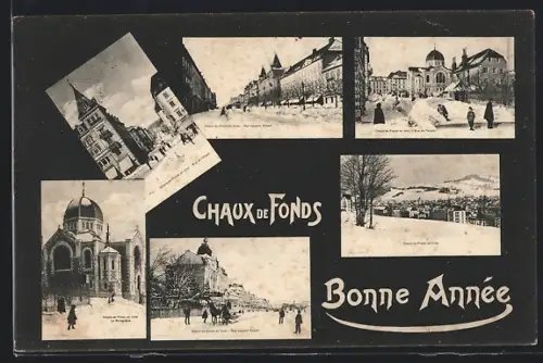 AK Chaux de Fonds, Rue de`l Ouest, Rue Léopold Robert, Rue de l`Avenir et la Synagoge en hiver