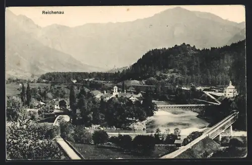 AK Reichenau, Uferpartie mit Brücke