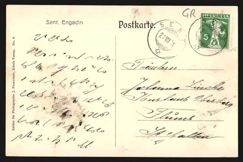 AK Sent /Engadin, Teilansicht mit Bergen