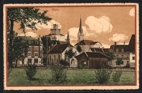 AK Uster, Blick von einer Wiese auf die Stadt