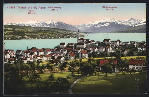 AK Thalwil, Teilansicht und die Alpen, Speer, Schäniserberg und Mürtschensock