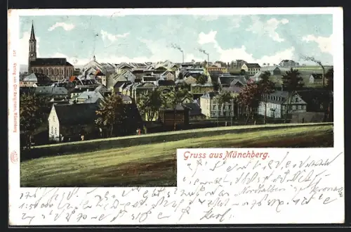 AK Münchberg, Ortsansicht mit Kirche und Wohnhäusern