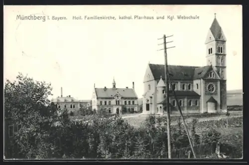 AK Münchberg i. Bayern, Heil. Familienkirche, kath. Pfarrhaus, Kgl. Webschule