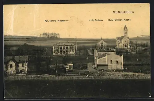 AK Münchberg, Kgl. höhere Webschule, Kath. Bethaus, Heil. Familien-Kirche