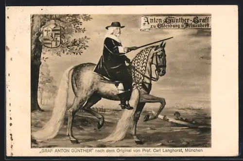 Künstler-AK Oldenburg / Gr., Graf Anton Günther zu Pferd, Wandmalerei im gleichnamigen Gasthof