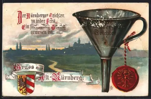 Lithographie Nürnberg, Nürnberger Trichter, Gedicht, Wappen