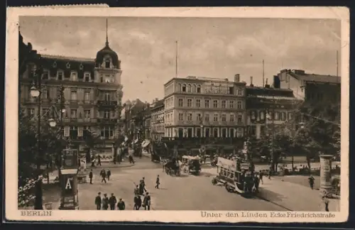 AK Berlin, Unter den Linden Ecke Friedrichstr., Hotel Bauer, Kutsche