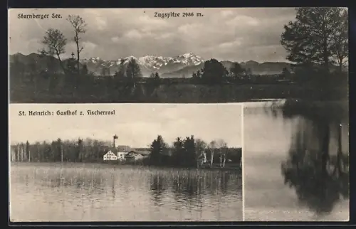 AK Starnberg, St. Heinrich, Gasthof z. Fischerrosl, Blick zur Zugspitze