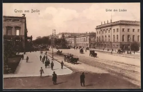 AK Berlin, Unter den Linden mit Kutschen und Passanten
