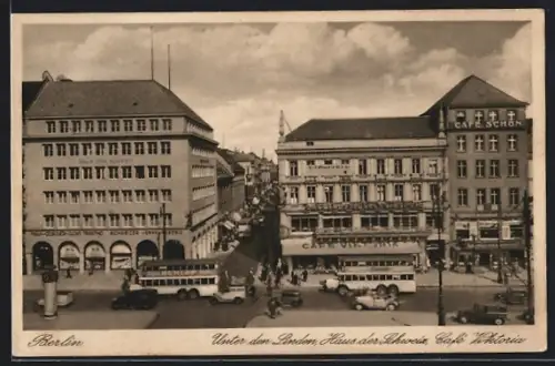 AK Berlin, Unter den Linden mit Cafe Viktoria und Haus der Schweiz