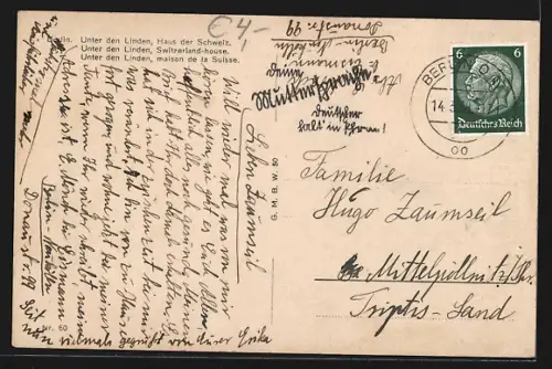 AK Berlin, Unter den Linden mit Cafe Viktoria und Haus der Schweiz