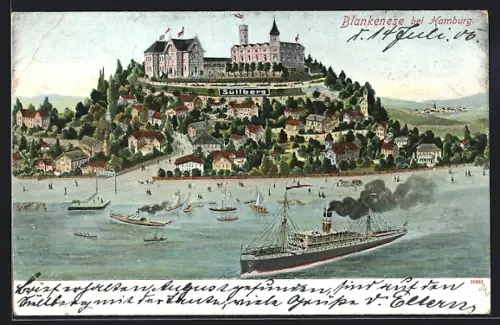 AK Hamburg-Blankenese, Dampfer auf der Elbe, Blick auf den Süllberg