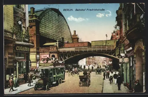 AK Berlin, Bahnhof Friedrichstrasse mit Geschäften und Kutschen