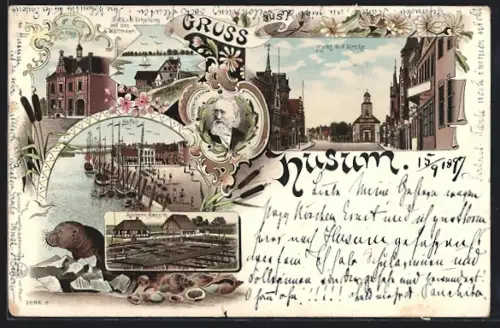 Lithographie Husum / Nordsee, Markt, Kirche, Hafen, Austern-Bassin