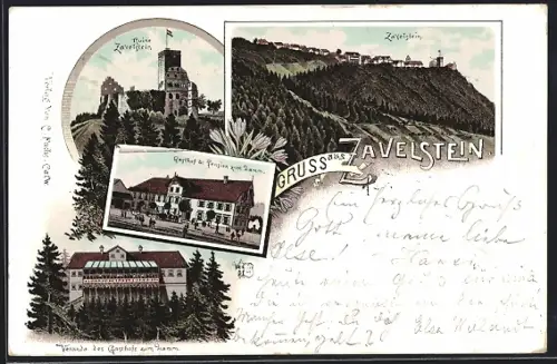 Lithographie Zavelstein, Ruine Zavelstein, Gasthof zum Lamm mit Veranda