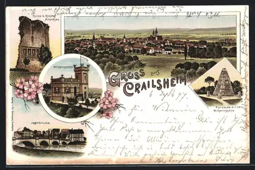 Lithographie Crailsheim, Wilhelmshöhe, Kloster Anhausen, Jagstbrücke und Pyramide