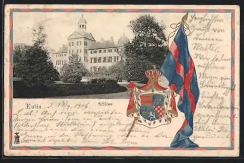 Passepartout-Lithographie Eutin, Schloss, Wappen und Fahne