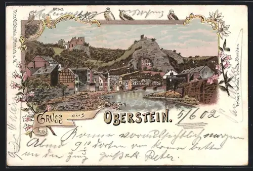 Lithographie Oberstein, Burg, Felsenkirche, Flussufer