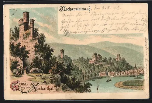Lithographie Neckarsteinach, Burgenansicht am Neckar