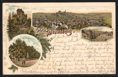 Lithographie Altensteig, Altes Schloss, Marktplatz, Unter den Eichen