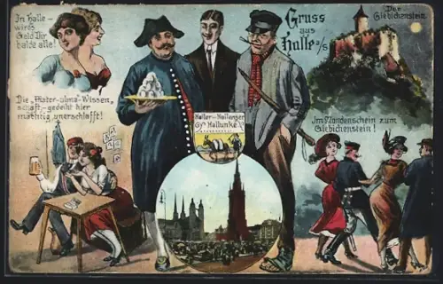 Grusskarten-AK Halle a. S., Stadttypen, Student mit Bierkrug, Soldaten auf dem Weg zum Giebichenstein