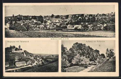 AK Graisbach, Gesamtansicht, Burgruine mit Teilansicht, Aufgang zur Burgruine