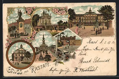 Lithographie Rastatt, Schloss, Stadtkirche, Bernhardusbrunnen, Einsiedlerkapelle