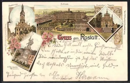 Lithographie Rastatt, Schloss, Stadtkirche, St. Bernhardus-Brunnen