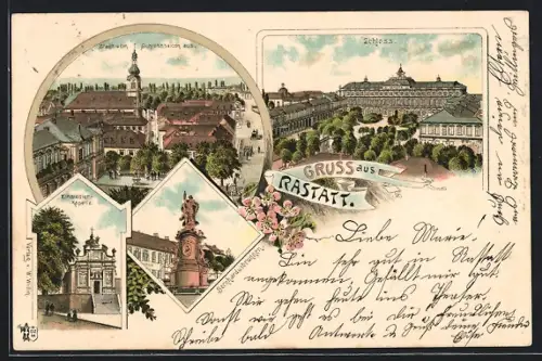 Lithographie Rastatt, Schloss, Einsiedler-Kapelle, Bernhardusbrunnen