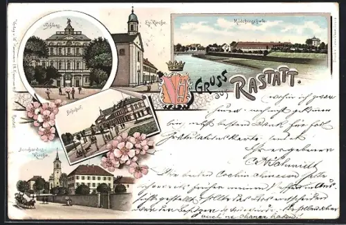 Lithographie Rastatt, Schloss, Evangelische Kirche, Bahnhof, Mädchenschule