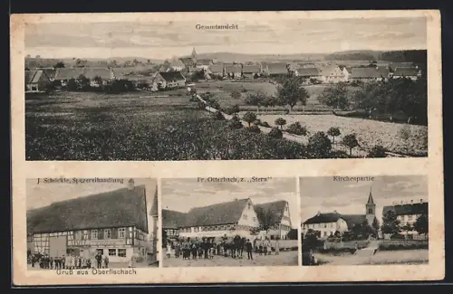 AK Oberfischach, Gasthaus zum Stern, Bes. Fr. Otterbach, Geschäft von J. Schöckle, Kirchenpartie