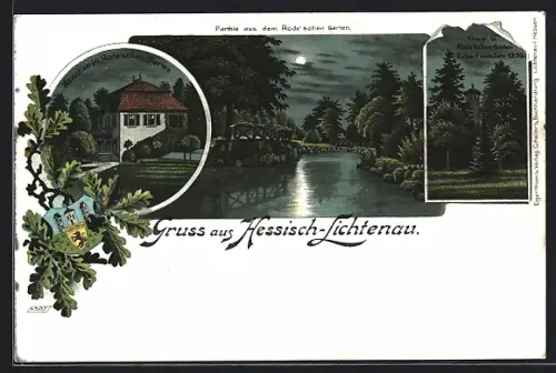 Lithographie Hessisch-Lichtenau, Rodescher Garten mit Haus und Thurm