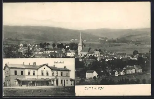 AK Call i. d. Eifel, Ortsansicht mit Kirche, Bahnhof