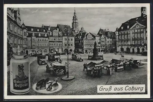 AK Coburg, Marktplatz, Reklame für Coburger Hofbräu