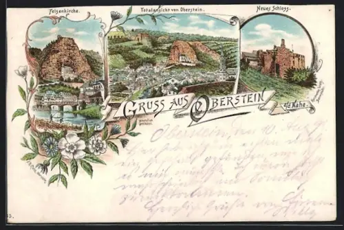 Lithographie Oberstein a. d. Nahe, Felsenkirche, Totalansicht, Neues Schloss