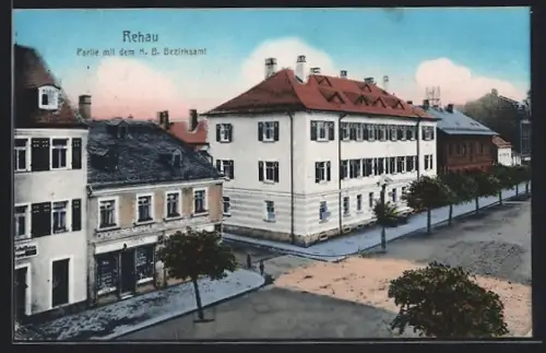 AK Rehau, Partie mit dem k. B. Bezirksamt, Drogerie Merkur von Walther Hirsch