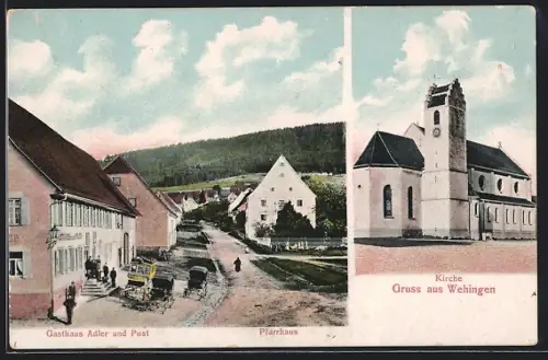 AK Wehingen, Gasthaus Adler und Post, Pfarrhaus, Kirche