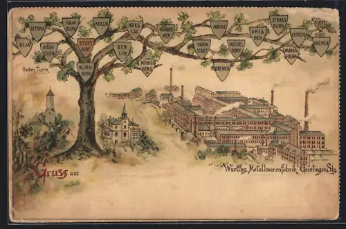 Lithographie Geislingen /Stg., Württbg. Metallwarenfabrik WMF, Oedenturm, Eiche mit Stadtnamen