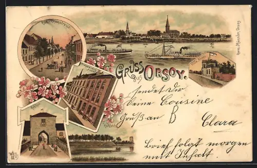Lithographie Orsoy, Präparanden-Anstalt, Ruhteich und Ruhthor