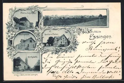 AK Essingen / Pfalz, Gasthaus Fischer, Pfarr- und Schulhaus, Postgebäude, Kirchplatz, Ortsansicht