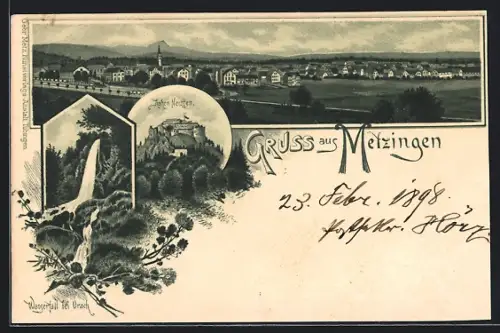 Lithographie Metzingen, Hohen Neuffen, Wasserfall bei Urach, Panorama