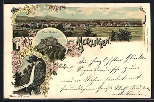 Lithographie Metzingen / Württ., Panorama, Hohen-Neuffen, Wasserfall bei Urach