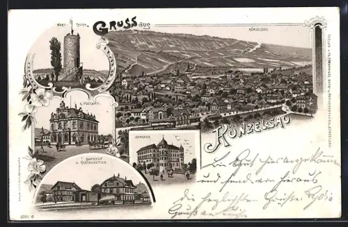 Lithographie Künzelsau, Bahnhof m. Restaurant, Gesamtansicht, Wartturm, K. Postamt, Seminar