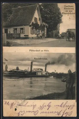 AK Plittersdorf / Rastatt, Gasthaus Rheinlust, Dampfer an der Rheinbrücke